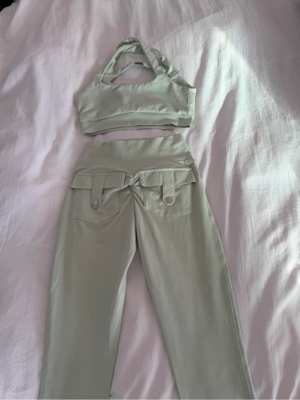 Bombshell Sportswear Sage Green Halter Crop Top and High-Waist Cargo Pants SET